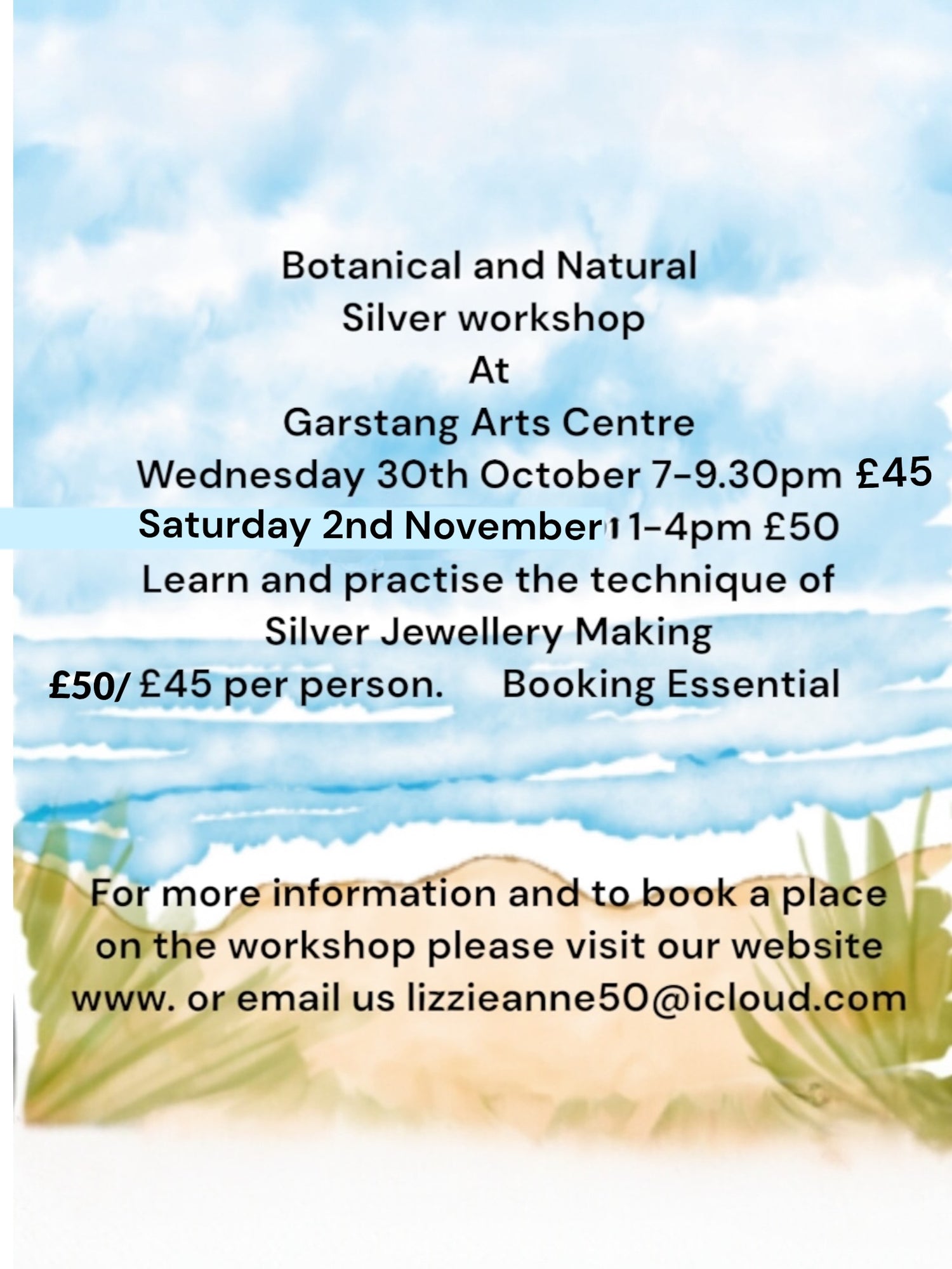 JOIN OUR MAILING LIST FOR CLASSES Create New Unique one off silver  jewellery new to you Beginners Botanical and Natural Silver workshops on Wednesday evenings 7pm or Saturday 2nd November 7pm choose your date.