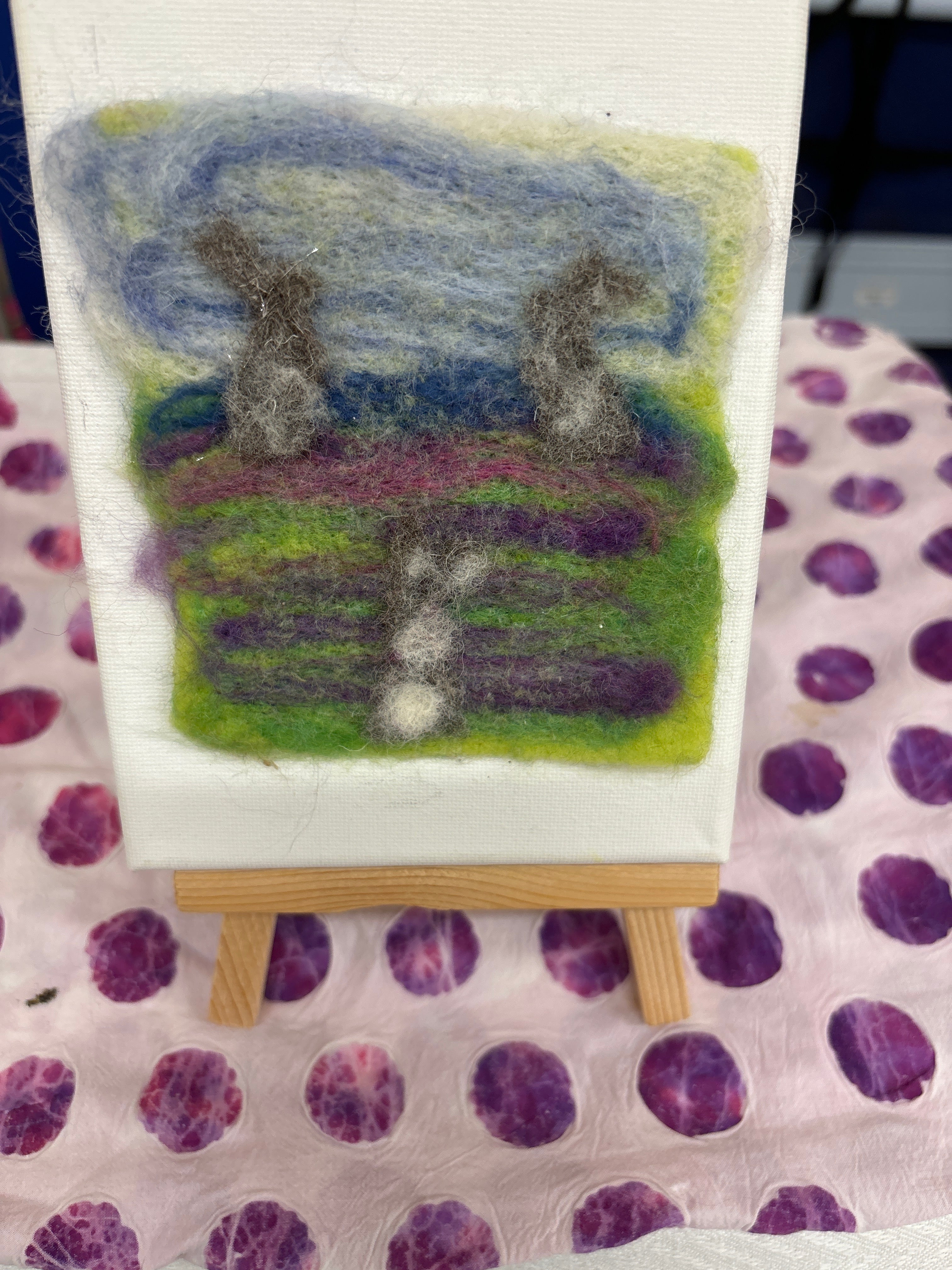 Felt n Fizz a brooch or picture Rabbits in a field, dogs, hares, flowers lots to choose from