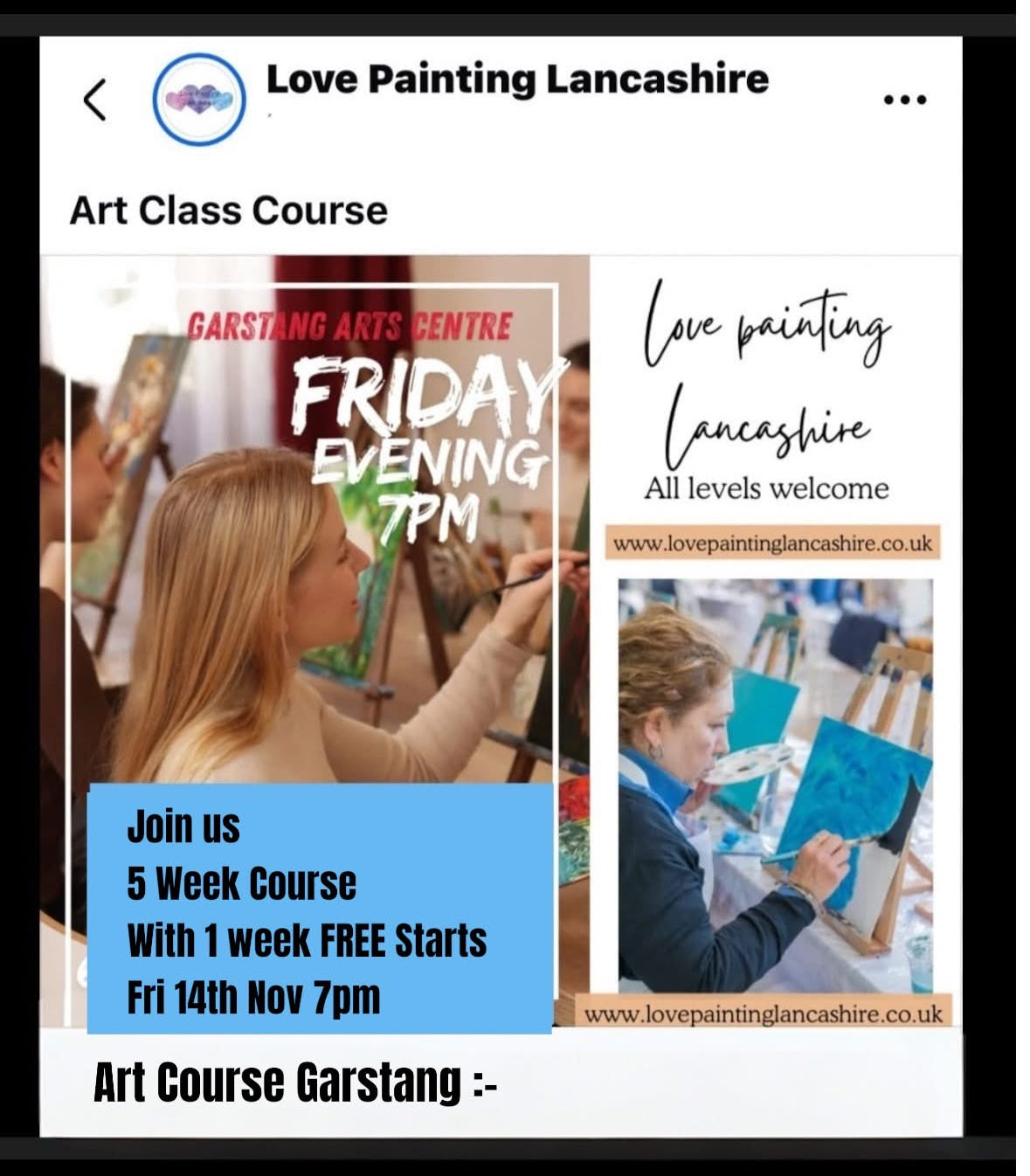 5 Week Art Course Garstang, Start Date 14/11/25 Fri 14th Nov 7pm
Garstang- suitable for beginners