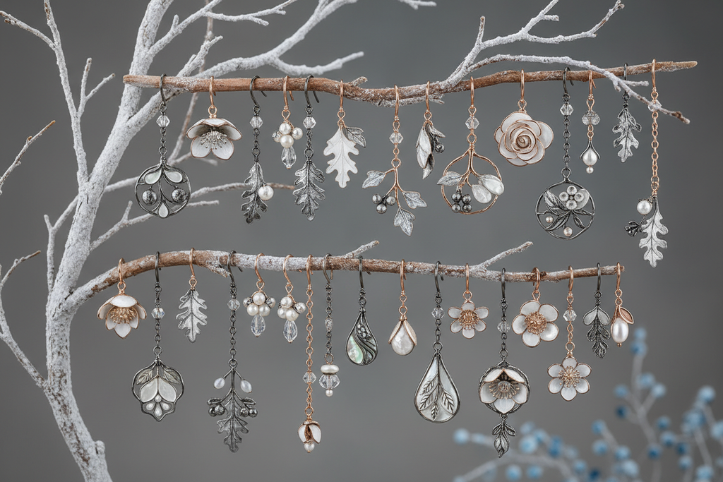 Botanical winter leaves and flowers earrings and pendants