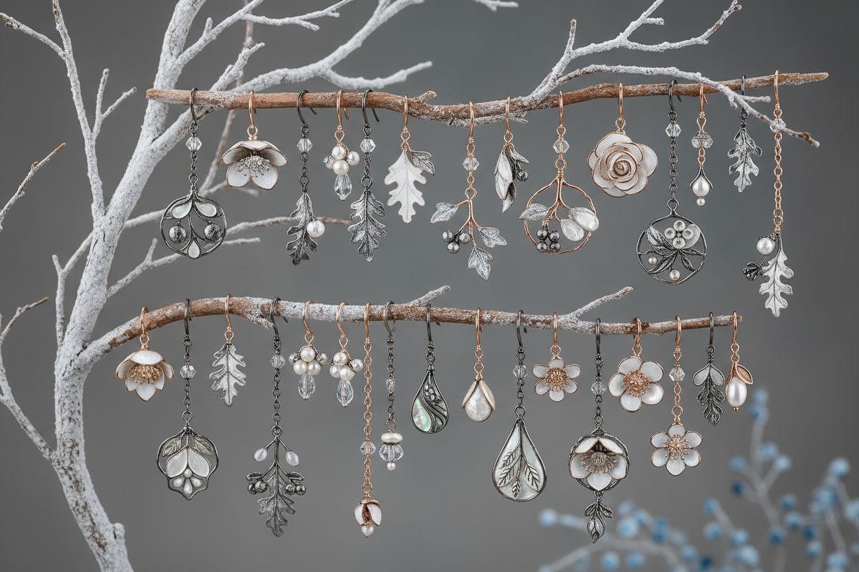 Botanical winter leaves and flowers earrings and pendants