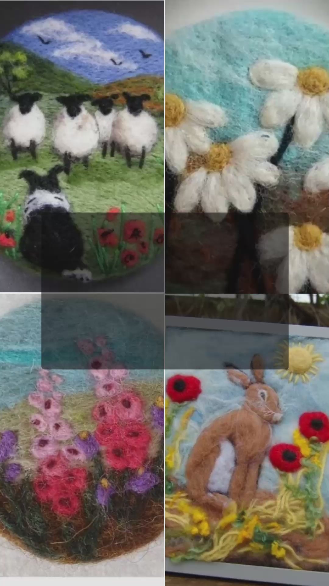 Felt n Fizz a brooch or picture Rabbits in a field, dogs, hares, flowers lots to choose from